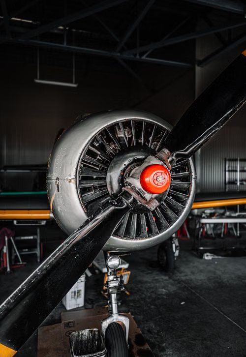 Aircraft engine close-up in hangar